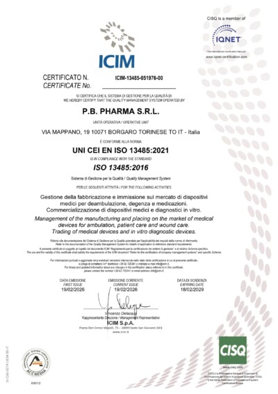 Anteprima del certificato UNI EN ISO 13485:2021 di P.B. Pharma S.r.l.