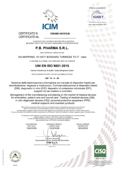 Anteprima del certificato UNI EN ISO 9001:2015 di P.B. Pharma S.r.l.